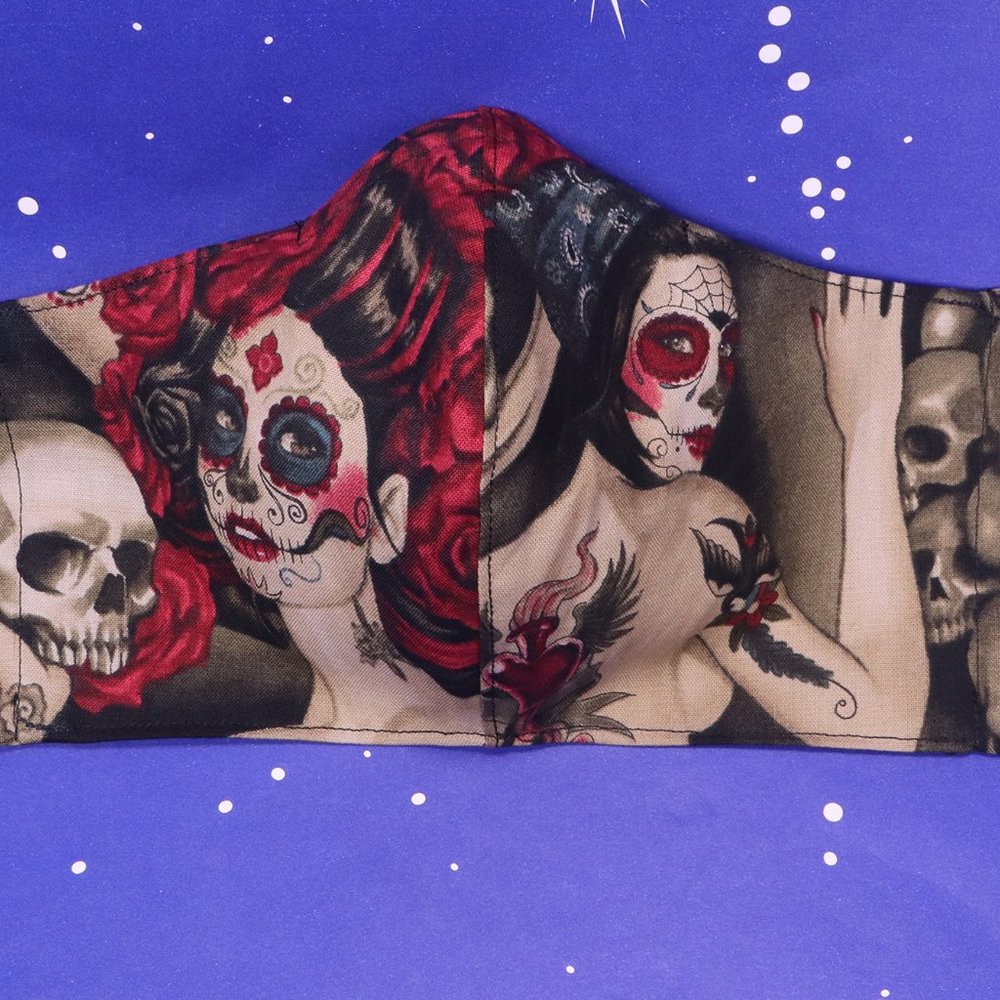 Day Of The Dead Pinup Mask Head Ties Adjustable